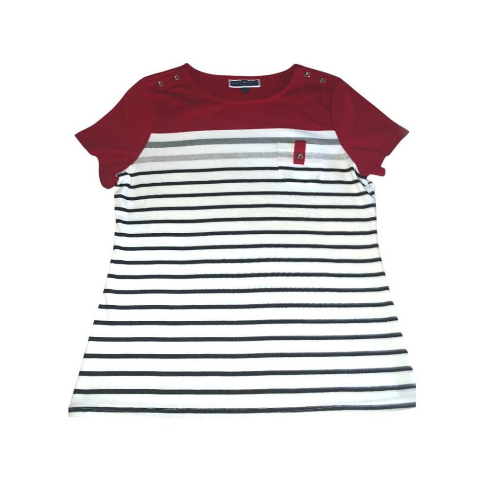 Karen Scott Sport Top, Red, White, Blue, Striped, Short-Sleeve, L